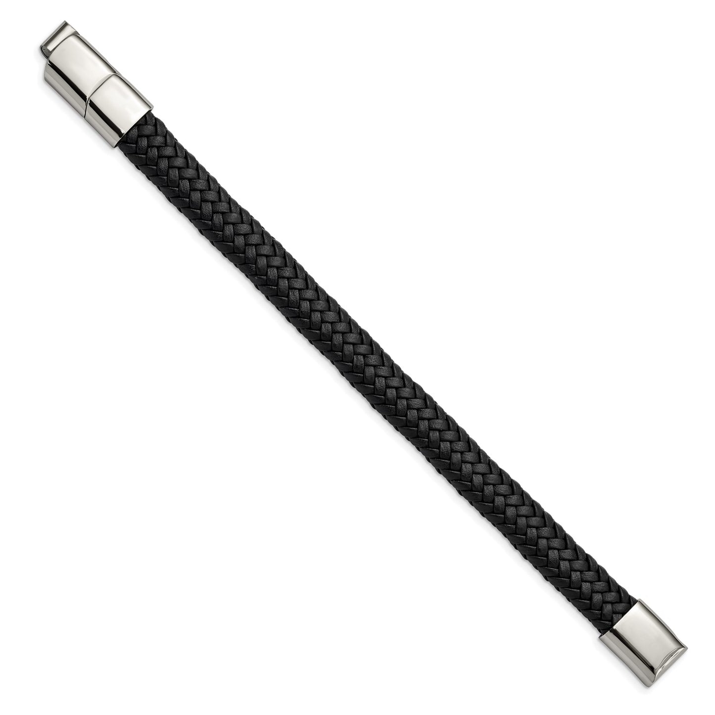 Chisel Stainless Steel Polished Black Braided Leather 8 inch Bracelet with .5 inch Extension