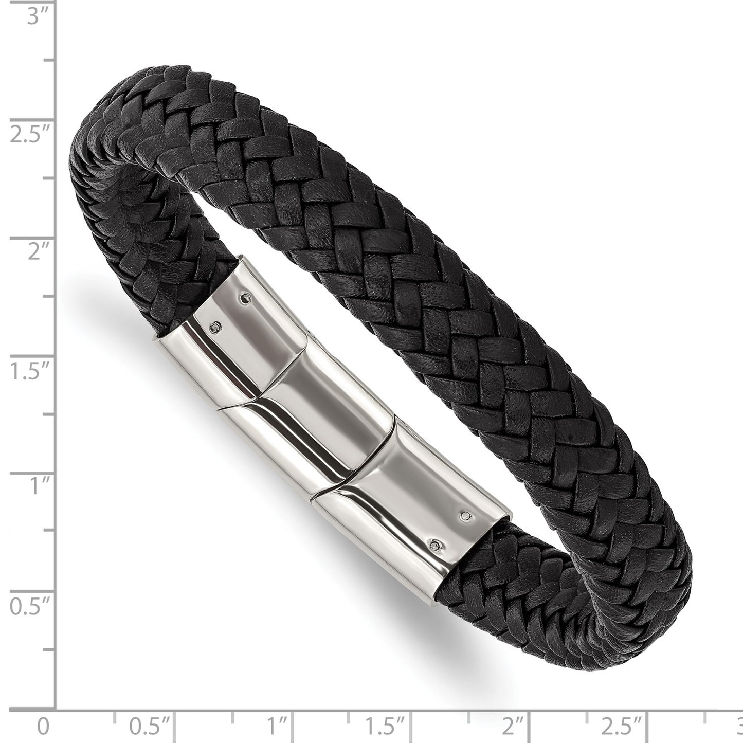 Chisel Stainless Steel Polished Black Braided Leather 8 inch Bracelet with .5 inch Extension