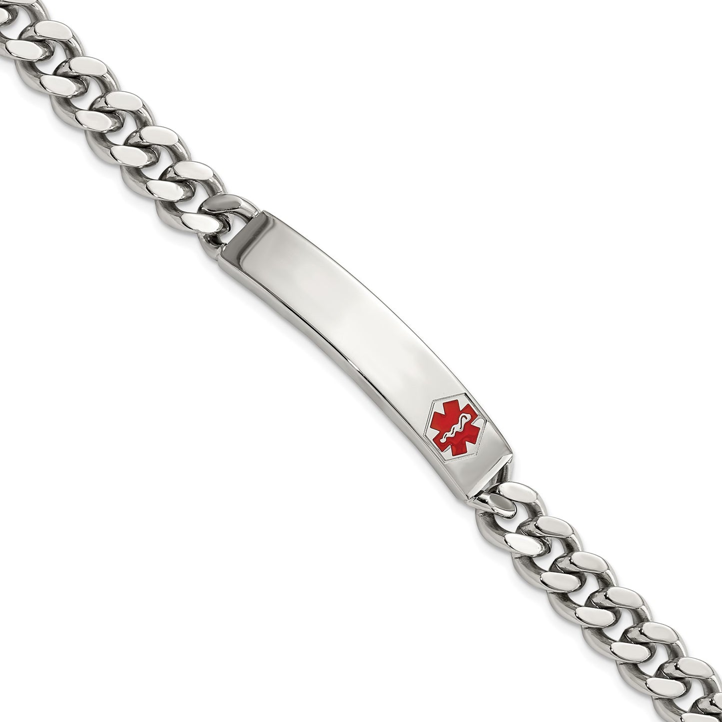 Chisel Stainless Steel Polished with Red Enamel Medical ID 8.75 inch Curb Chain Bracelet