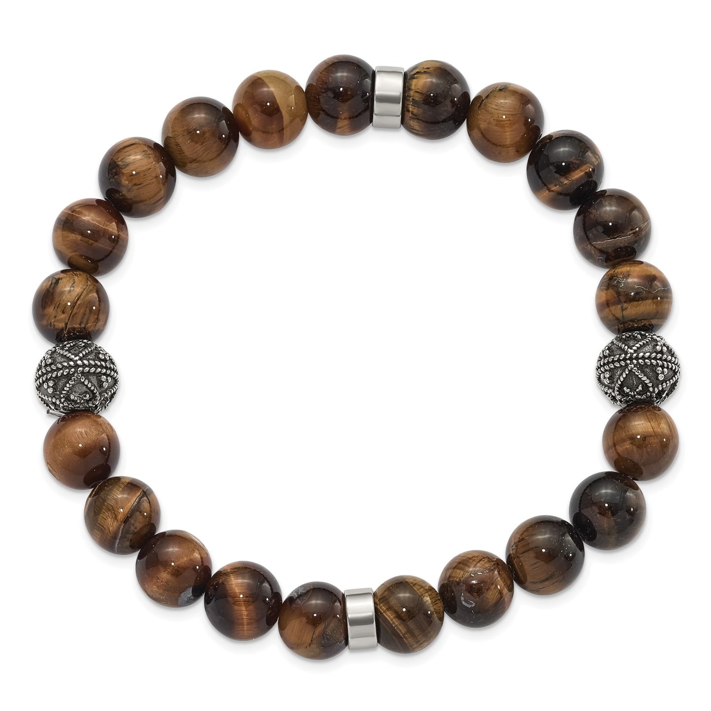 Chisel Stainless Steel Antiqued and Polished 10mm Tiger's Eye Stretch Bracelet