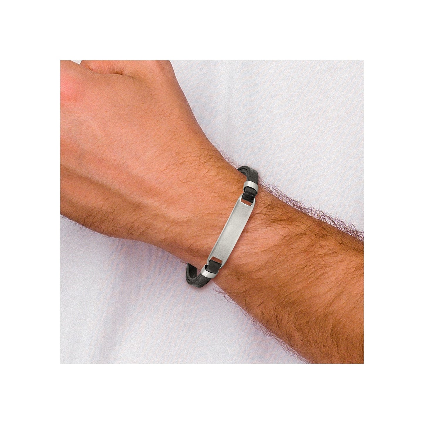 Chisel Stainless Steel Brushed Black Leather 8 inch ID Bracelet with .5 inch Extension