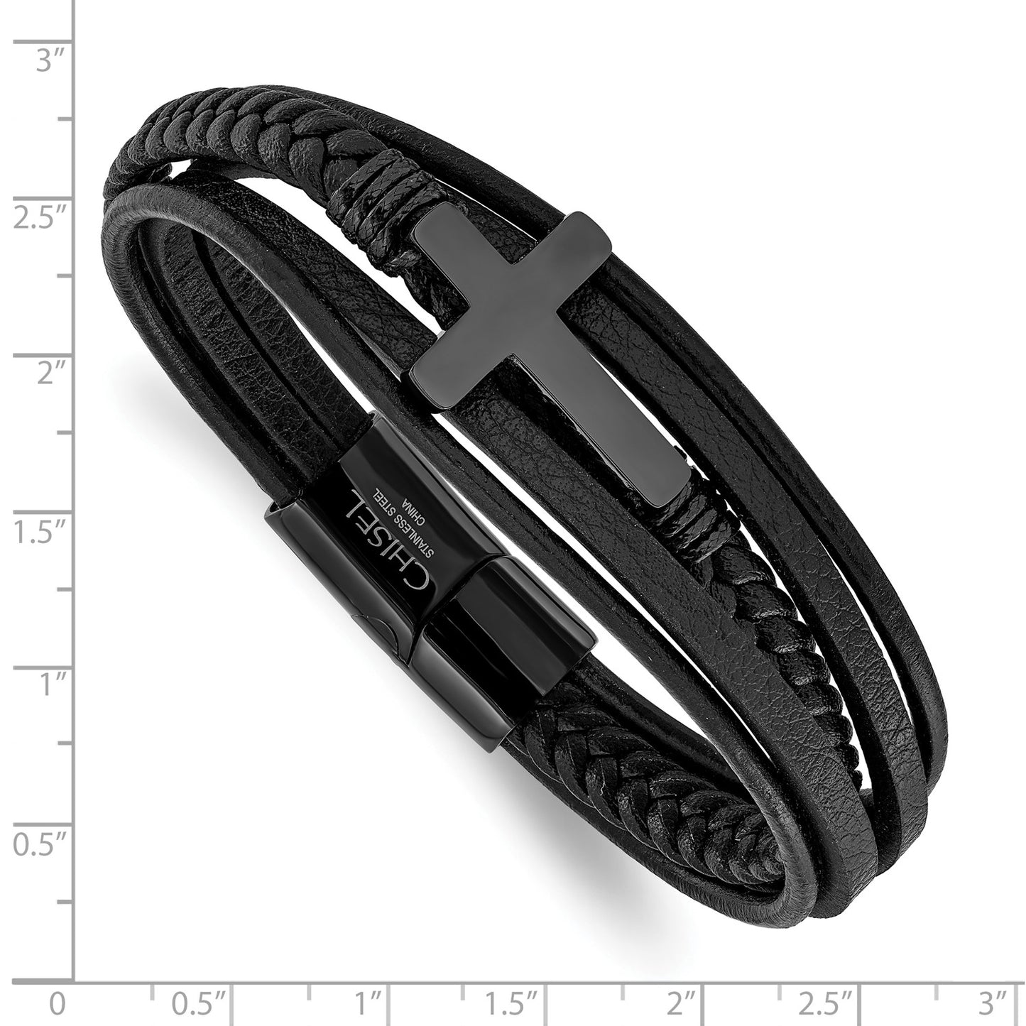 Chisel Stainless Steel Polished Black IP-plated Cross Black Polyurethane and Leather Multi Strand 8.75 inch Bracelet