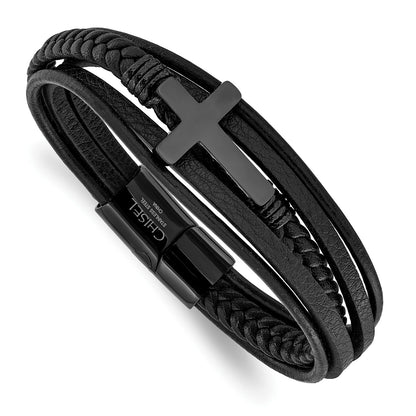 Chisel Stainless Steel Polished Black IP-plated Cross Black Polyurethane and Leather Multi Strand 8.75 inch Bracelet