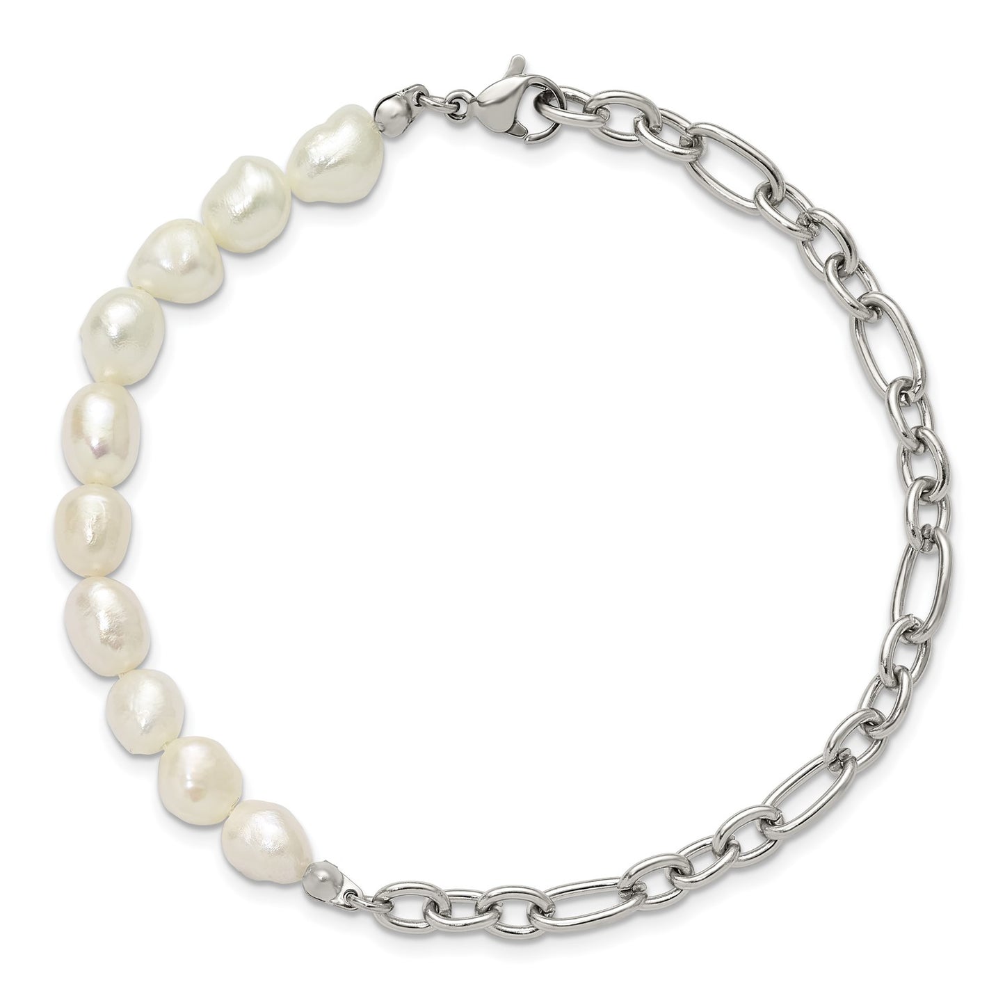 Chisel Stainless Steel Polished with Half White Freshwater Cultured Pearl 8.25 inch Bracelet