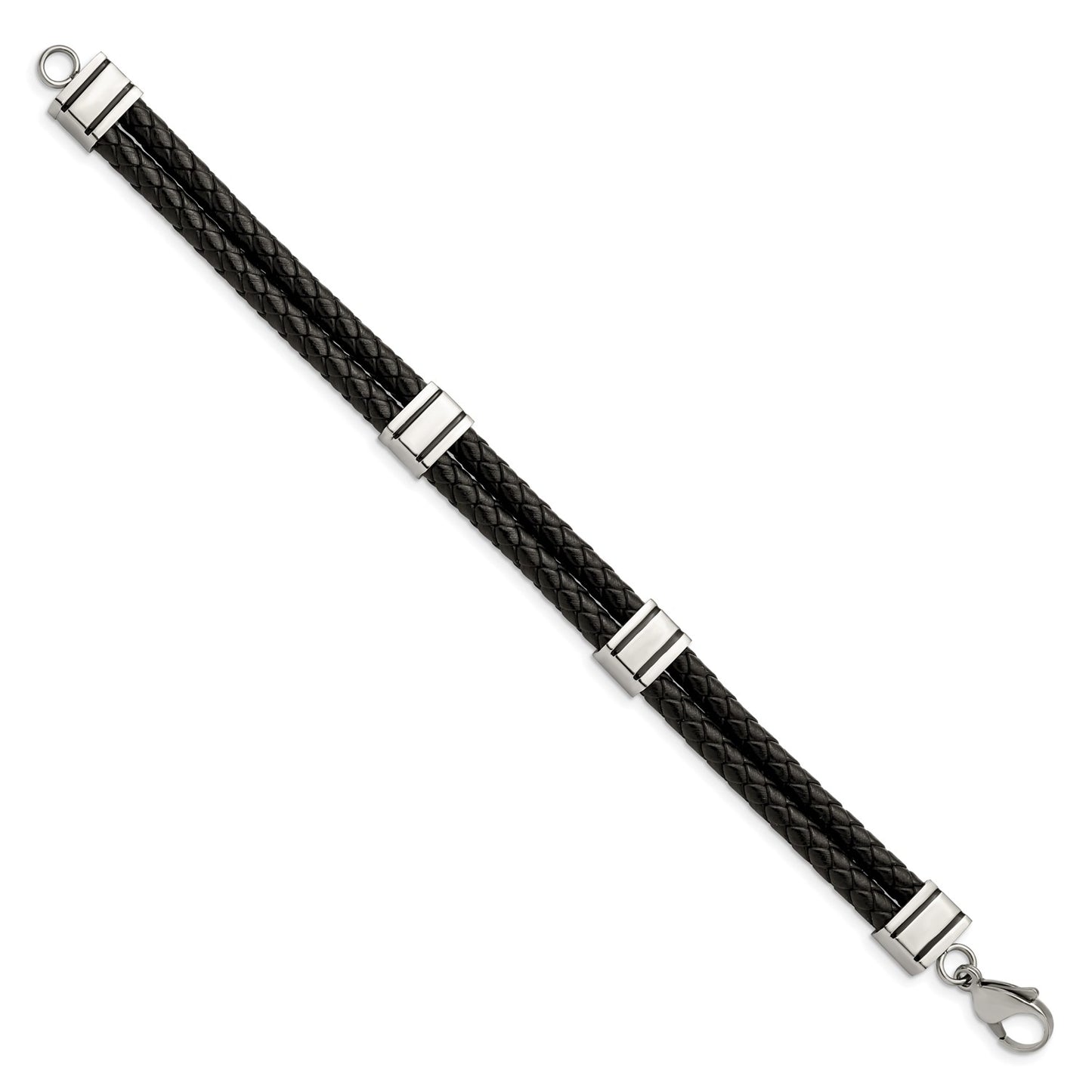 Chisel Stainless Steel Polished Braided 2 Strand Black Braided Leather 9 inch Bracelet