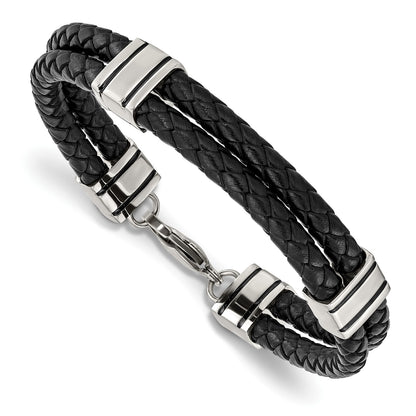 Chisel Stainless Steel Polished Braided 2 Strand Black Braided Leather 9 inch Bracelet