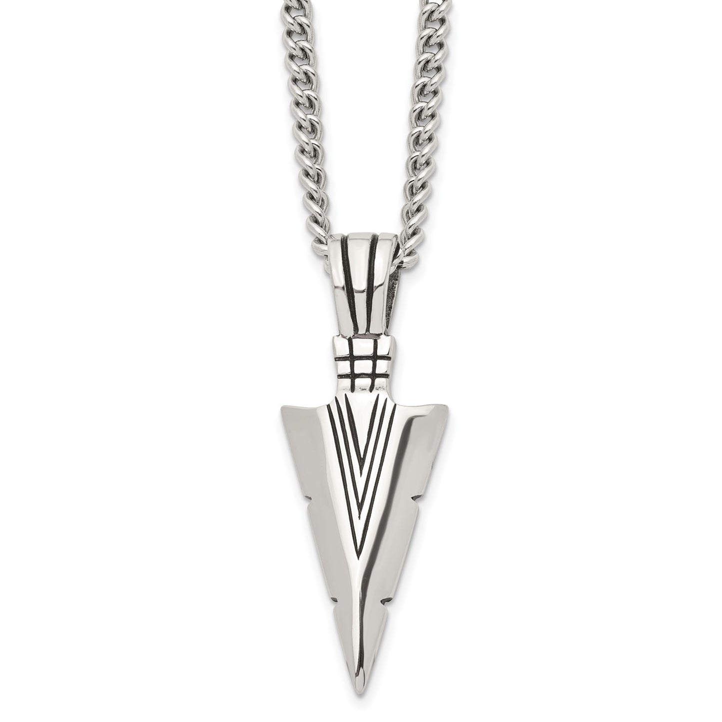 Chisel Stainless Steel Antiqued and Polished Dagger Pendant on a 22 inch Curb Chain Necklace