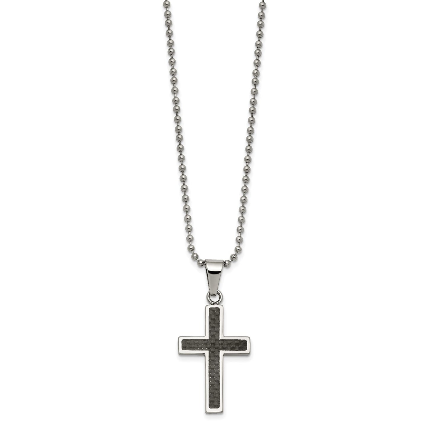 Chisel Stainless Steel Polished with Black Carbon Fiber Inlay Cross Pendant on a 22 inch Ball Chain Necklace