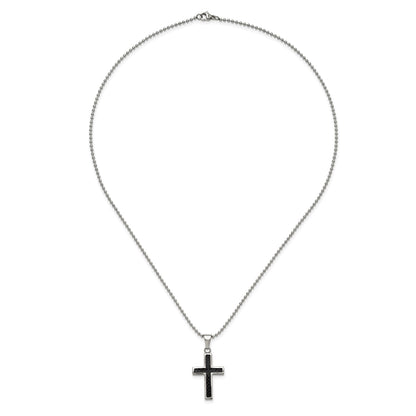 Chisel Stainless Steel Polished with Black Carbon Fiber Inlay Cross Pendant on a 22 inch Ball Chain Necklace