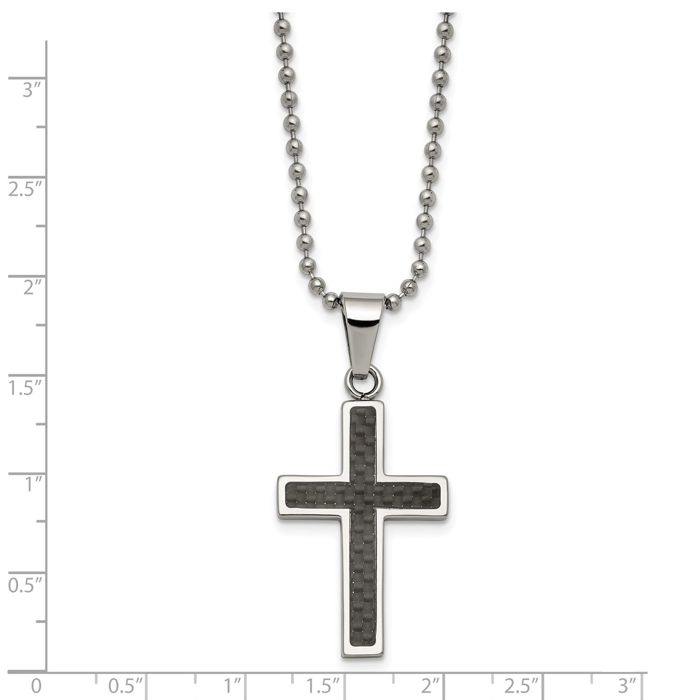 Chisel Stainless Steel Polished with Black Carbon Fiber Inlay Cross Pendant on a 22 inch Ball Chain Necklace