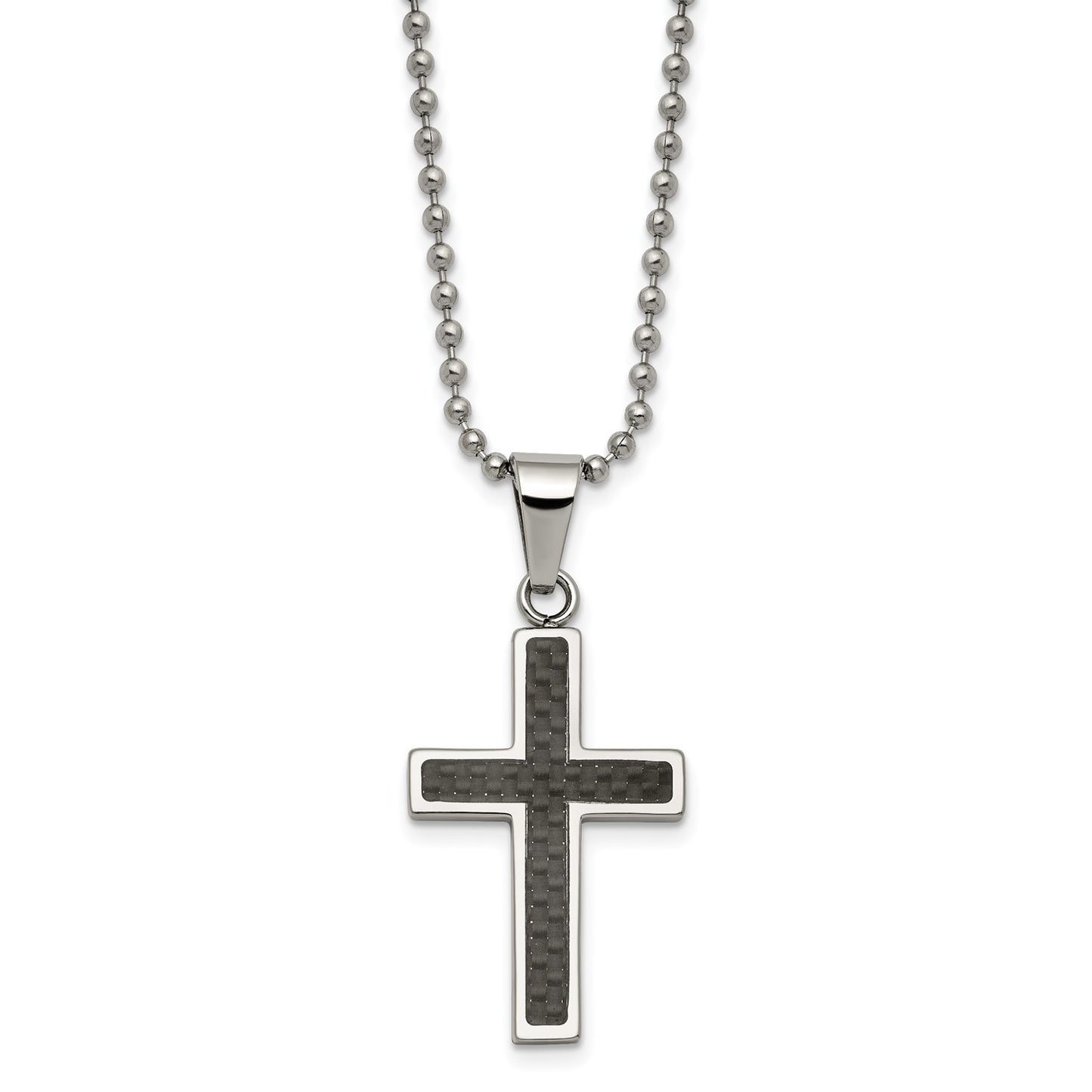 Chisel Stainless Steel Polished with Black Carbon Fiber Inlay Cross Pendant on a 22 inch Ball Chain Necklace