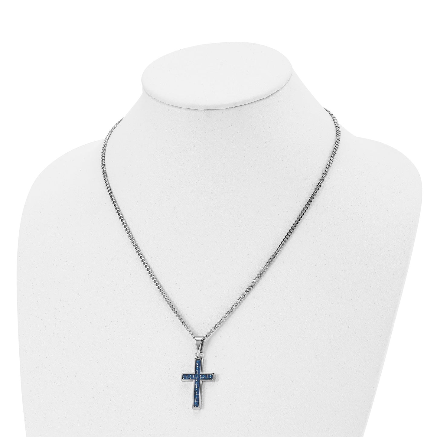 Chisel Stainless Steel Polished with Blue Carbon Fiber Inlay Cross Pendant on a 20 inch Curb Chain Necklace