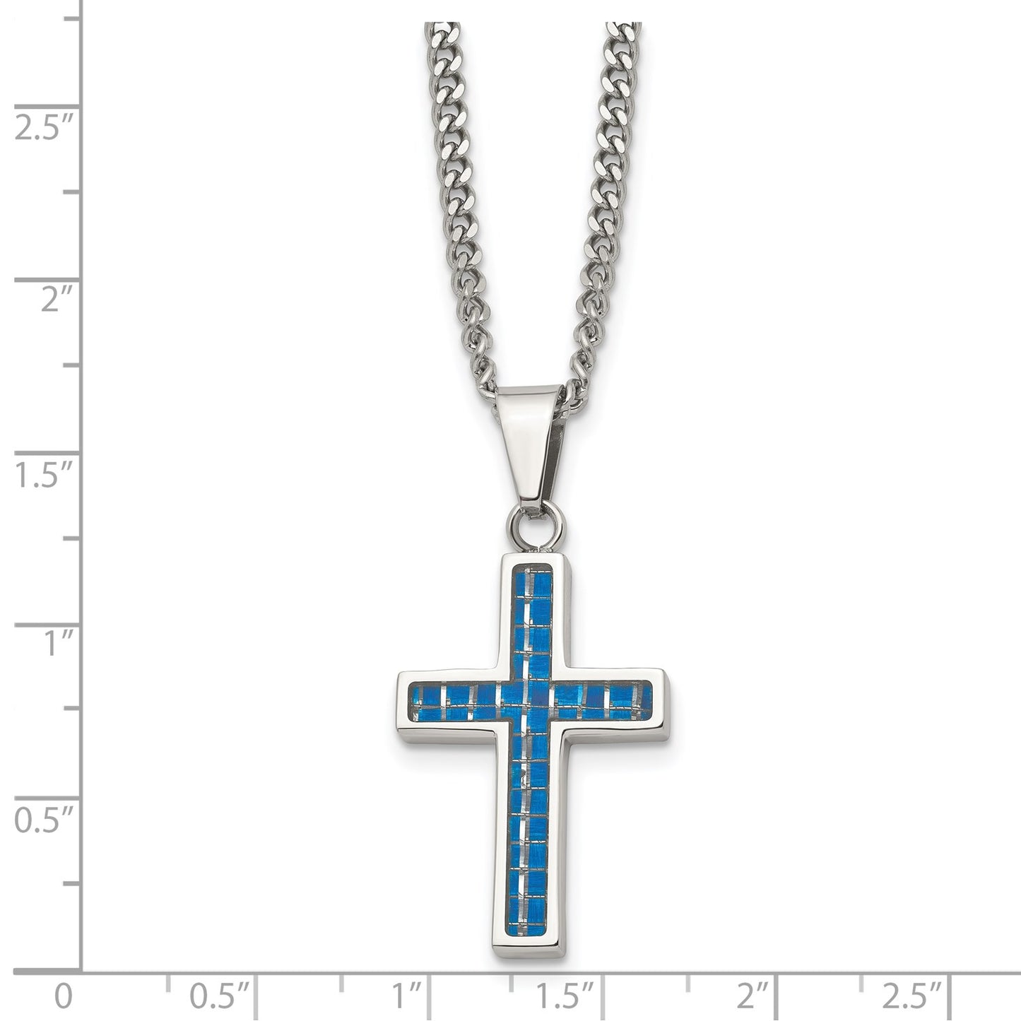 Chisel Stainless Steel Polished with Blue Carbon Fiber Inlay Cross Pendant on a 20 inch Curb Chain Necklace