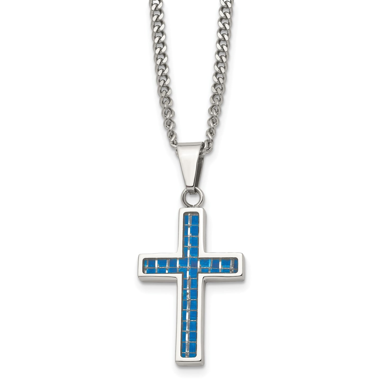 Chisel Stainless Steel Polished with Blue Carbon Fiber Inlay Cross Pendant on a 20 inch Curb Chain Necklace