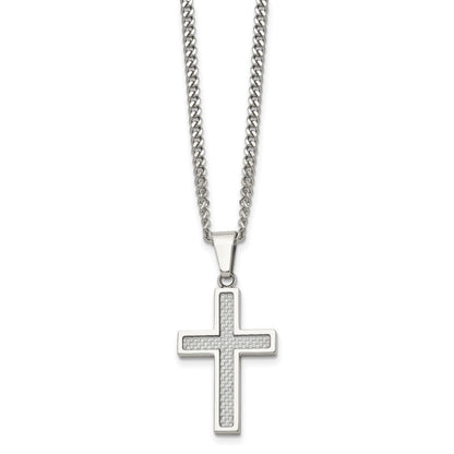 Chisel Stainless Steel Polished with Grey Carbon Fiber Inlay Small Cross Pendant on a 20 inch Curb Chain Necklace