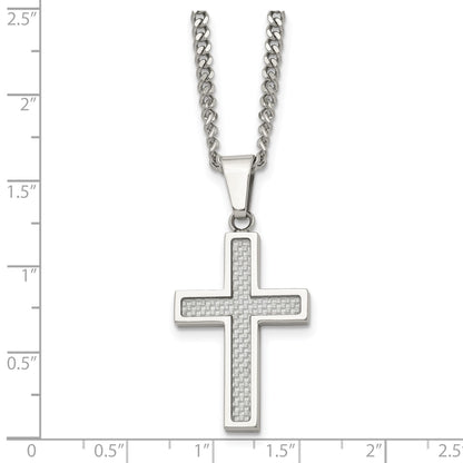 Chisel Stainless Steel Polished with Grey Carbon Fiber Inlay Small Cross Pendant on a 20 inch Curb Chain Necklace