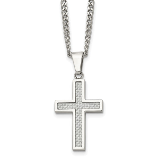 Chisel Stainless Steel Polished with Grey Carbon Fiber Inlay Small Cross Pendant on a 20 inch Curb Chain Necklace