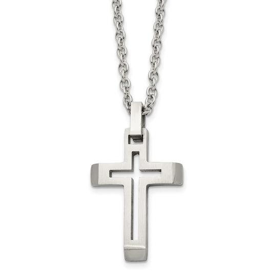 Chisel Stainless Steel Brushed and Polished Cut-out Cross Pendant on a 20 inch Cable Chain Necklace