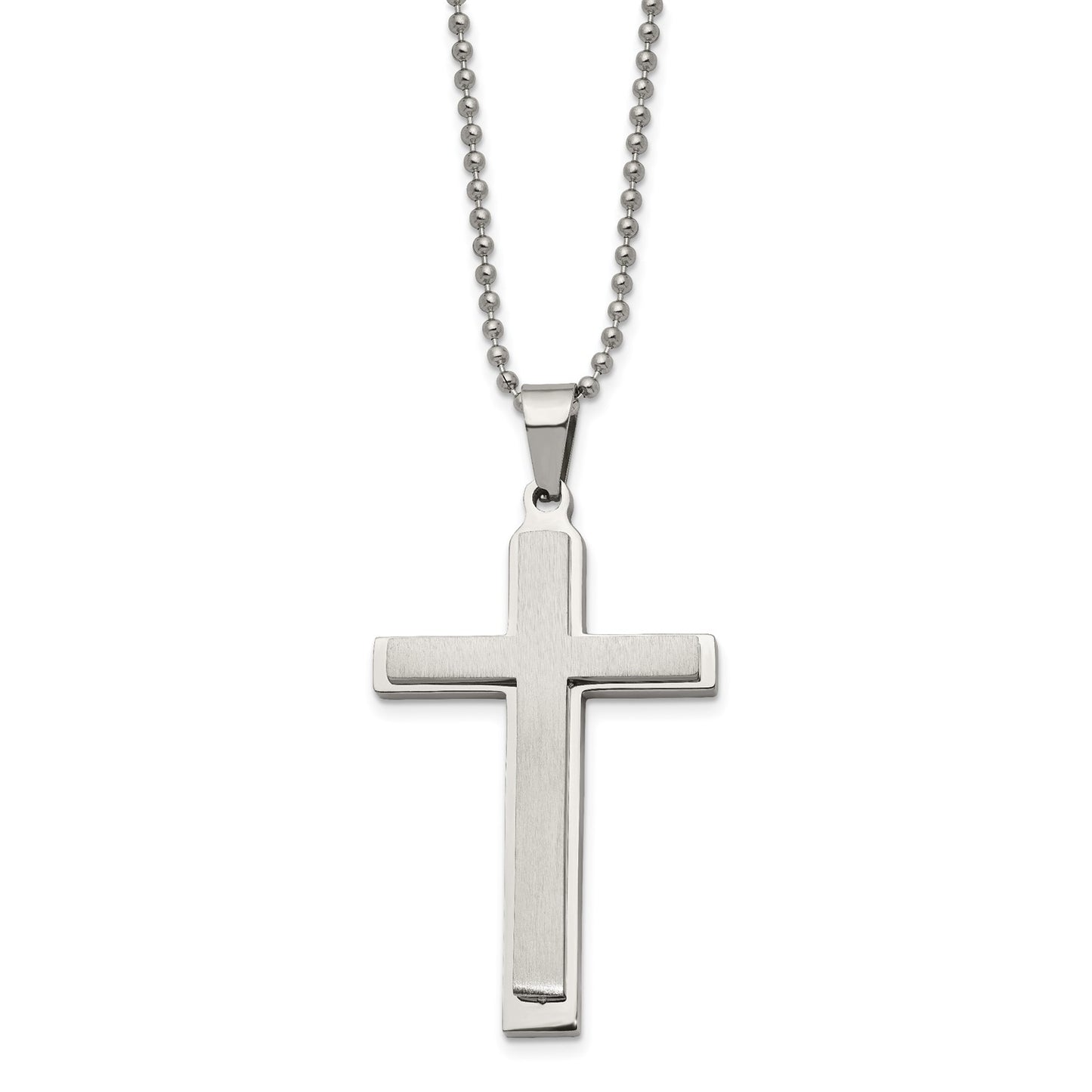 Chisel Stainless Steel Brushed and Polished Layered Cross Pendant on a 22 inch Ball Chain Necklace