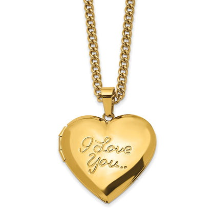 Chisel Stainless Steel Polished Yellow IP-plated I LOVE YOU Heart Locket on a 24 inch Curb Chain Necklace