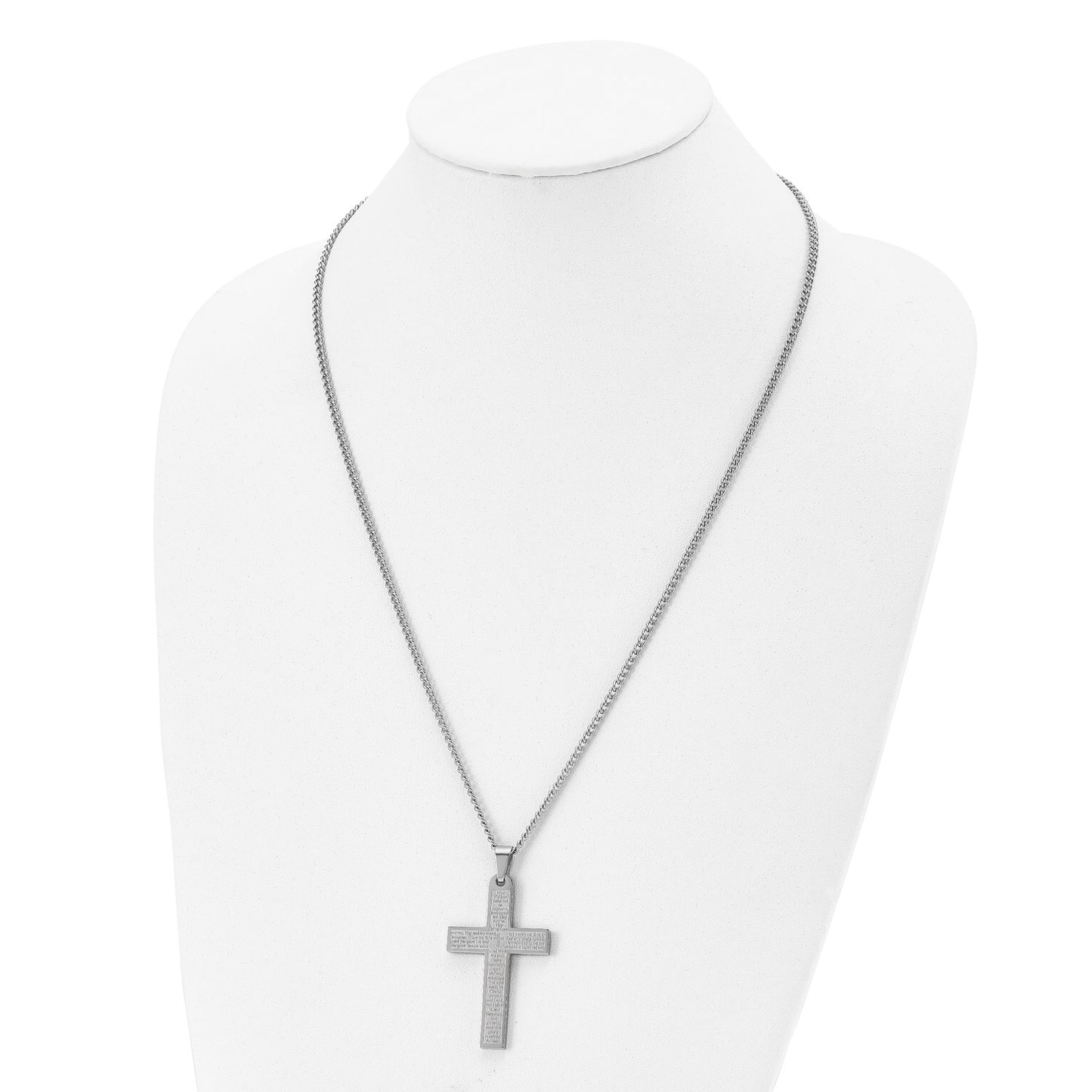 Chisel Stainless Steel Polished Lord's Prayer Cross Pendant on a 24 inch Curb Chain Necklace