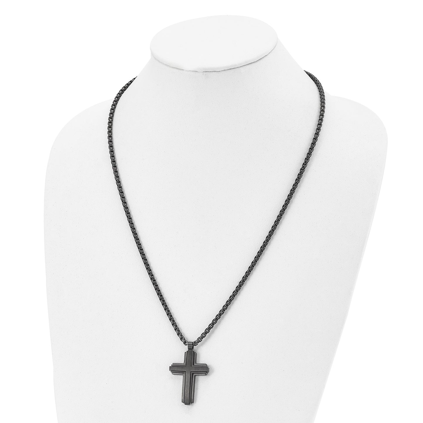 Chisel Stainless Steel Brushed and Polished Black IP-plated Cross Pendant on a 24 inch Box Chain Necklace