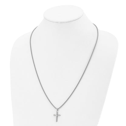 Chisel Stainless Steel Polished and Textured Sunburst Design Cross Pendant on a 24 inch Box Chain Necklace