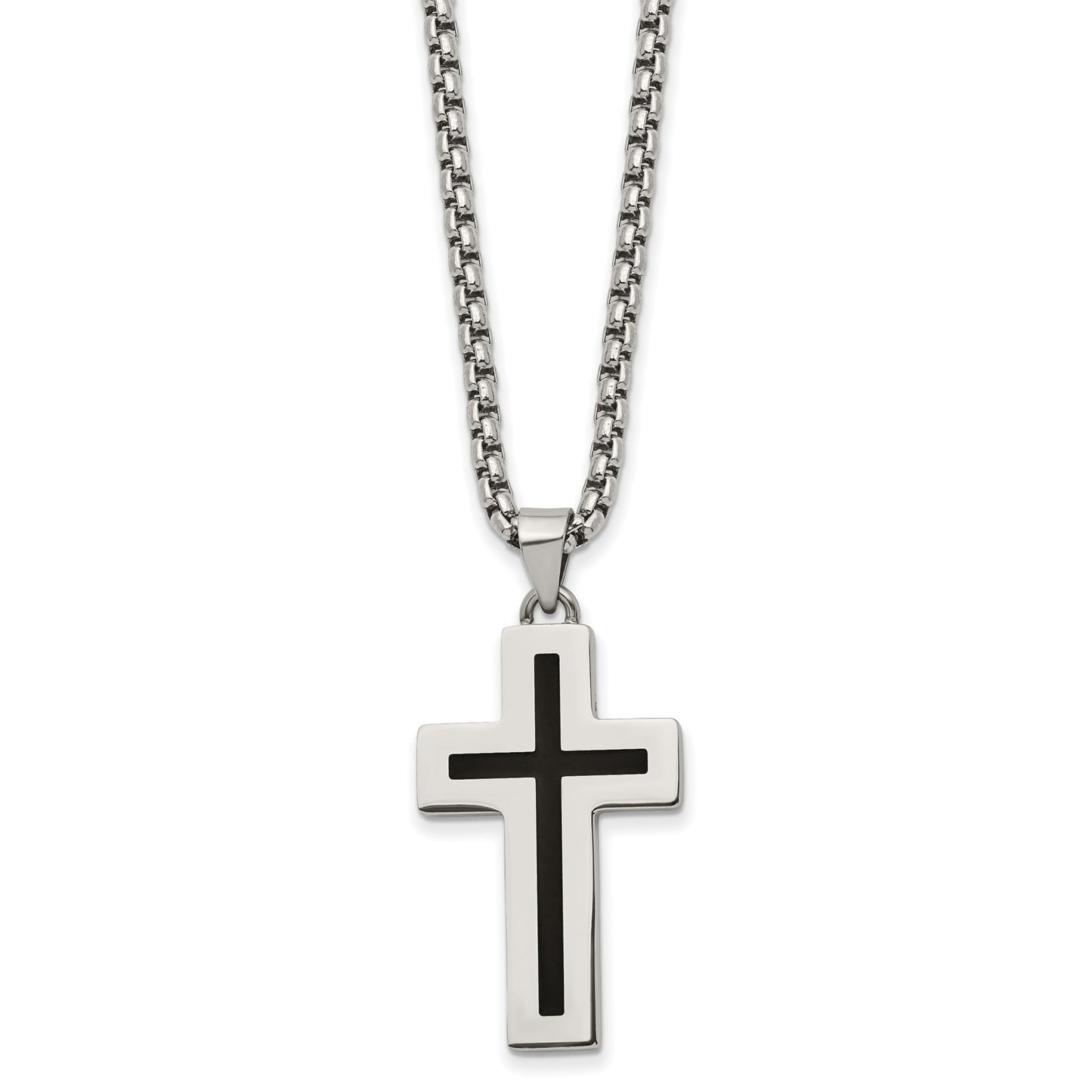 Chisel Stainless Steel Polished with Black Enamel Cross Pendant on a 24 inch Box Chain Necklace