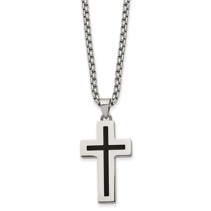 Chisel Stainless Steel Polished with Black Enamel Cross Pendant on a 24 inch Box Chain Necklace