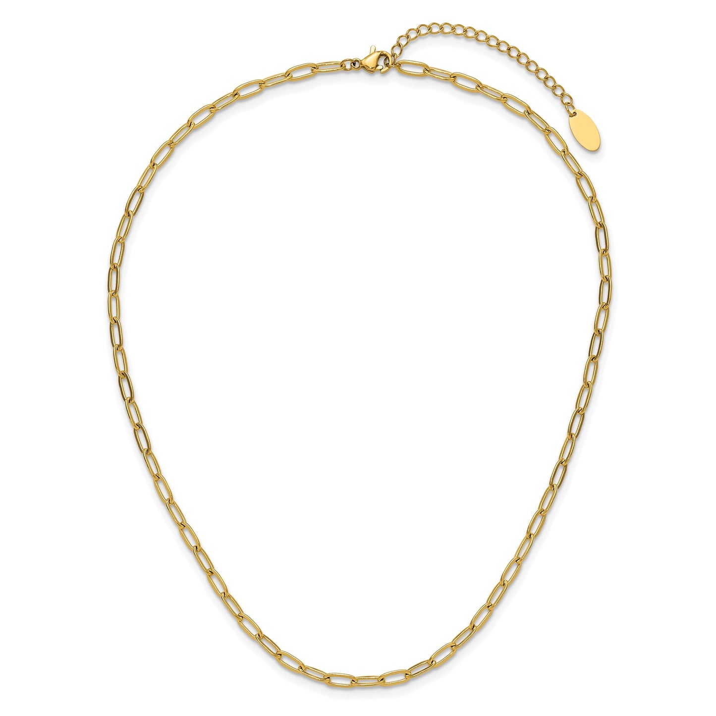 Chisel Stainless Steel Polished Yellow IP-plated Elongated Open Link Paperclip 15 inch Necklace with 2 inch Extension