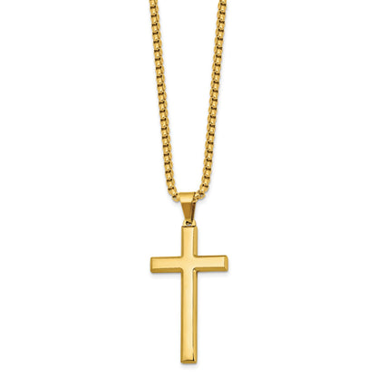 Chisel Stainless Steel Polished Yellow IP-plated Cross Pendant on a 24 inch Box Chain Necklace