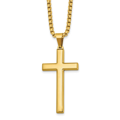 Chisel Stainless Steel Polished Yellow IP-plated Cross Pendant on a 24 inch Box Chain Necklace