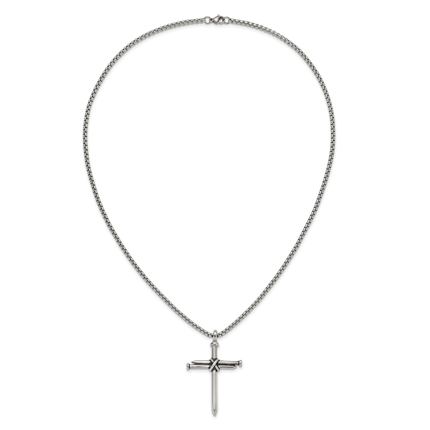 Chisel Stainless Steel Polished Antiqued and Polished Cross of Nails Pendant on a 22 inch Box Chain Necklace