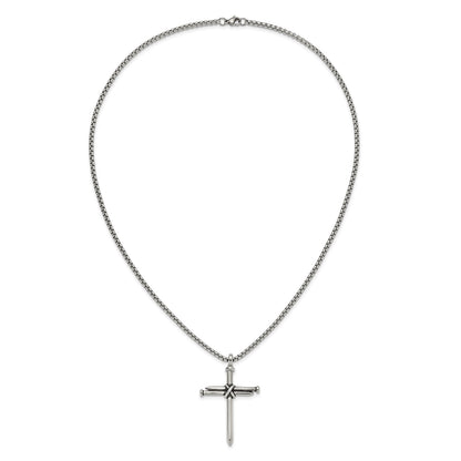 Chisel Stainless Steel Polished Antiqued and Polished Cross of Nails Pendant on a 22 inch Box Chain Necklace