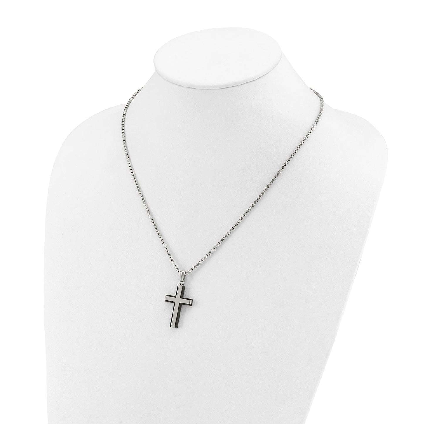 Chisel Stainless Steel Polished Black IP-plated Edges Cross Pendant on a 20 inch Box Chain Necklace