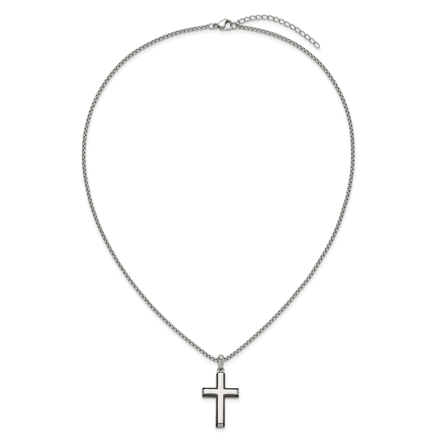 Chisel Stainless Steel Polished Black IP-plated Edges Cross Pendant on a 20 inch Box Chain Necklace