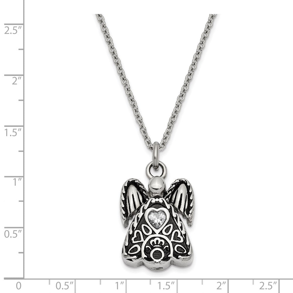 Sentimental Expressions Stainless Steel Clear CZ April Birthstone Antiqued Angel Ash Holder 18 Inch Necklace