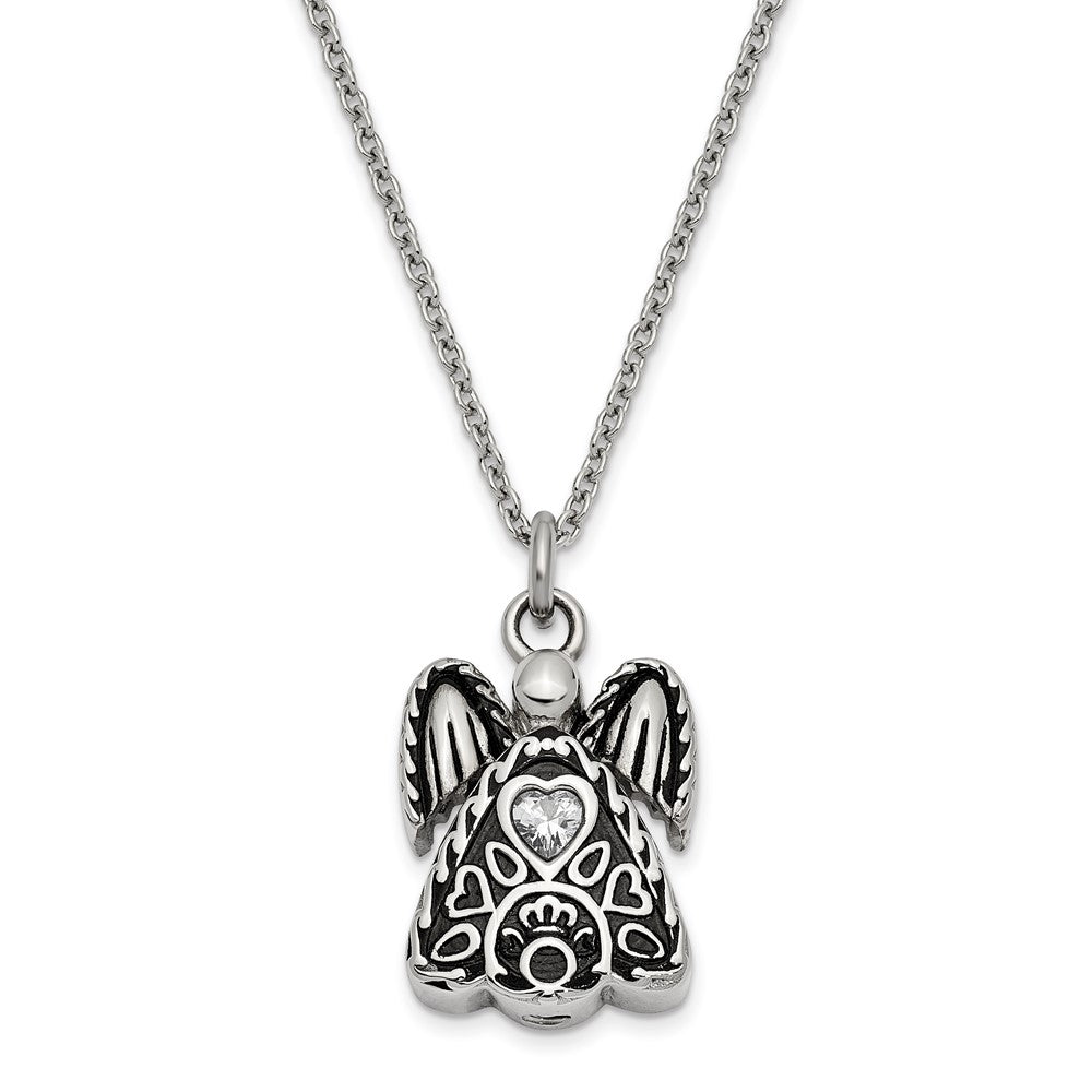 Sentimental Expressions Stainless Steel Clear CZ April Birthstone Antiqued Angel Ash Holder 18 Inch Necklace