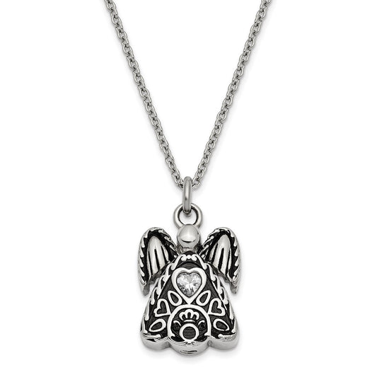 Sentimental Expressions Stainless Steel Clear CZ April Birthstone Antiqued Angel Ash Holder 18 Inch Necklace