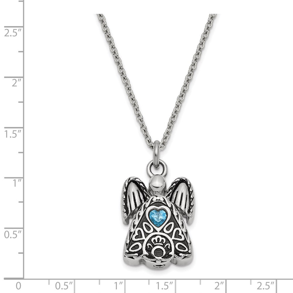 Sentimental Expressions Stainless Steel Blue CZ December Birthstone Antiqued Angel Ash Holder 18 Inch Necklace