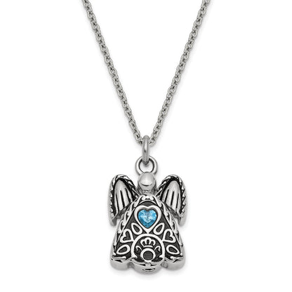 Sentimental Expressions Stainless Steel Blue CZ December Birthstone Antiqued Angel Ash Holder 18 Inch Necklace