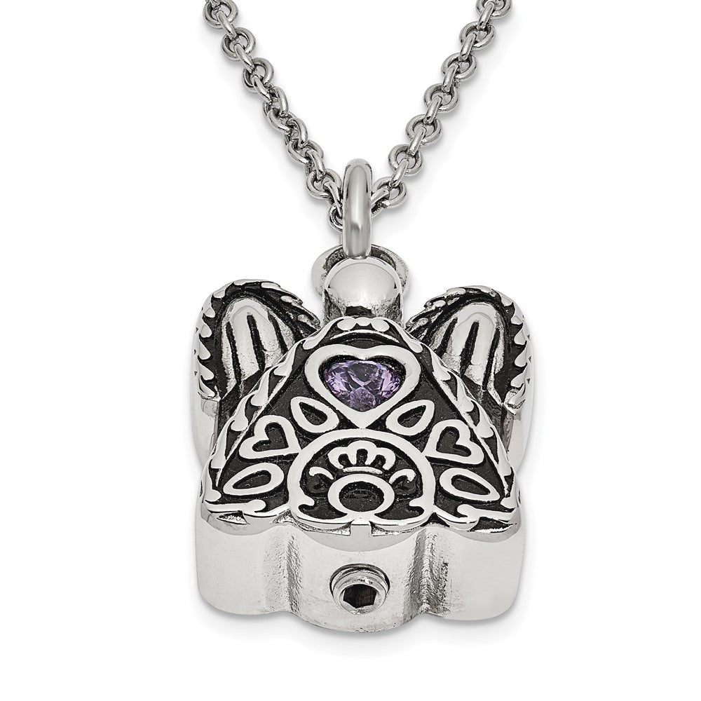 Sentimental Expressions Stainless Steel Purple CZ February Birthstone Antiqued Angel Ash Holder 18 Inch Necklace