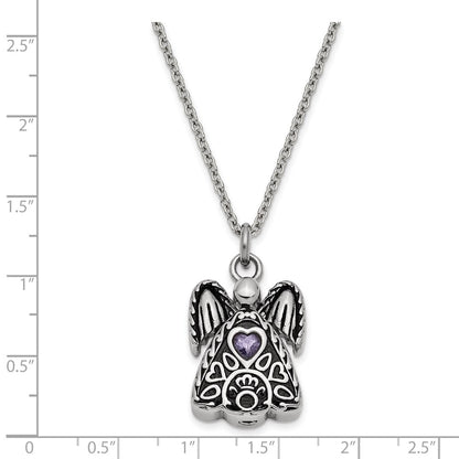 Sentimental Expressions Stainless Steel Purple CZ February Birthstone Antiqued Angel Ash Holder 18 Inch Necklace