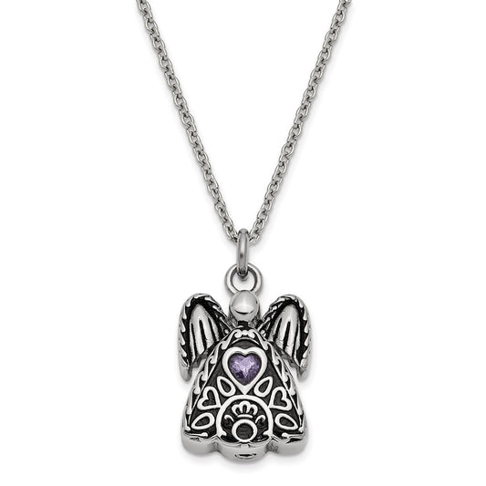 Sentimental Expressions Stainless Steel Purple CZ February Birthstone Antiqued Angel Ash Holder 18 Inch Necklace