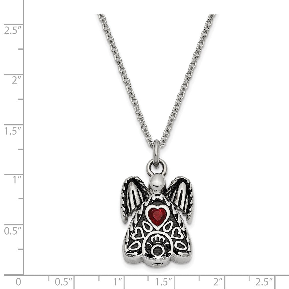 Sentimental Expressions Stainless Steel Dark Red CZ January Birthstone Antiqued Angel Ash Holder 18 Inch Necklace