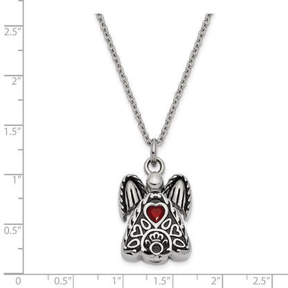 Sentimental Expressions Stainless Steel Red CZ July Birthstone Antiqued Angel Ash Holder 18 Inch Necklace