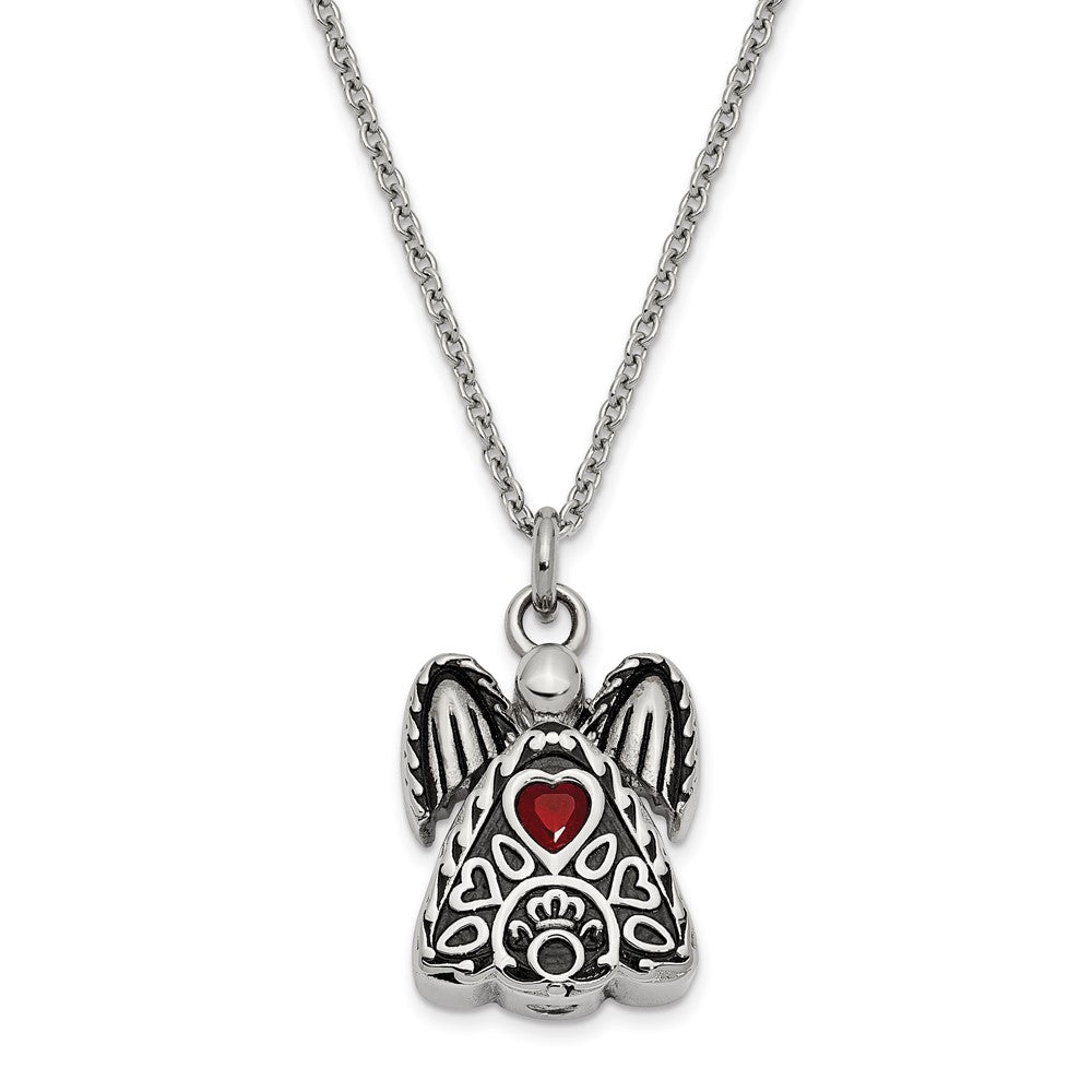 Sentimental Expressions Stainless Steel Red CZ July Birthstone Antiqued Angel Ash Holder 18 Inch Necklace