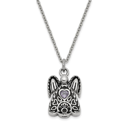 Sentimental Expressions Stainless Steel Light Purple CZ June Birthstone Antiqued Angel Ash Holder 18 Inch Necklace