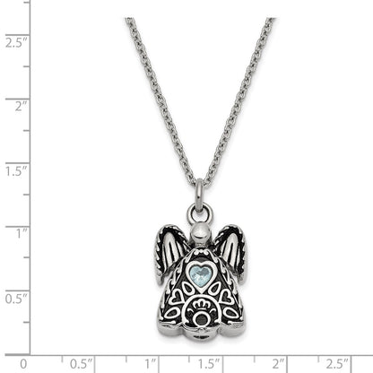 Sentimental Expressions Stainless Steel Light Blue CZ March Birthstone Antiqued Angel Ash Holder 18 inch Necklace