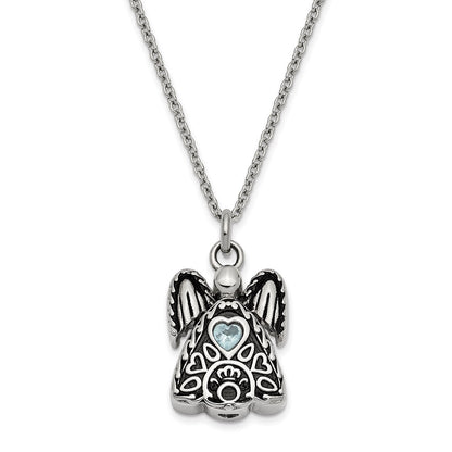 Sentimental Expressions Stainless Steel Light Blue CZ March Birthstone Antiqued Angel Ash Holder 18 inch Necklace